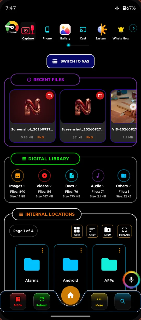 NDriveONE home screen with recent files, digital library and internal locations